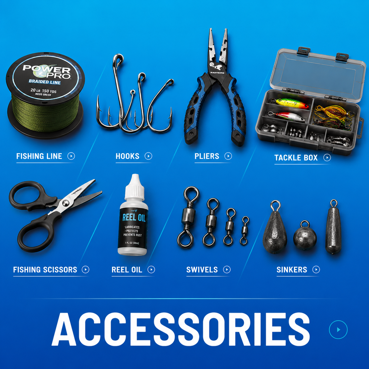 Hooked Beginner fishing apparel and accessories including hoodies, hats, gloves, sunglasses, socks, and tackle gear on wooden dock during sunset
