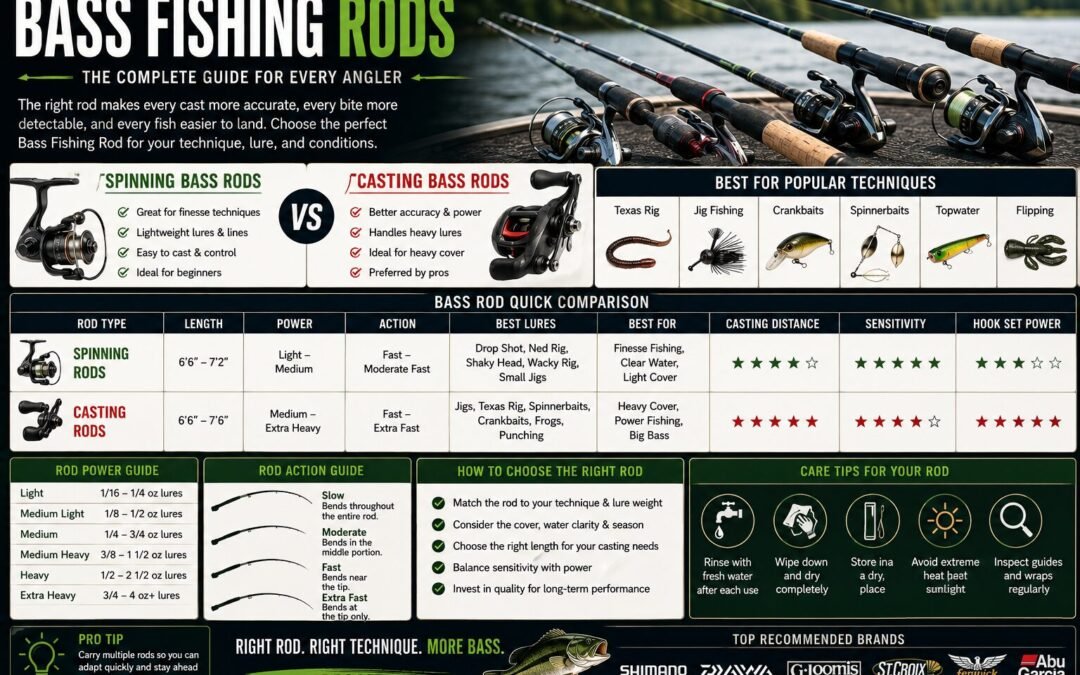 Bass Fishing Rods infographic comparing spinning and casting rods, rod power, rod action, lure techniques, buying guide, and maintenance tips for bass anglers.