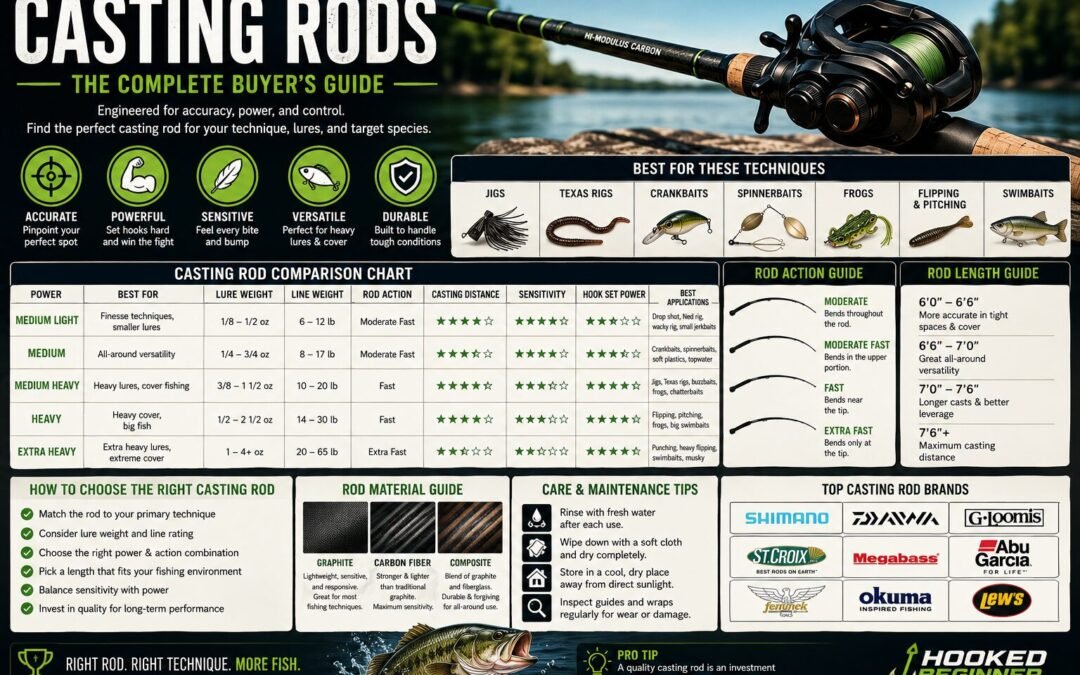 Casting Rods infographic comparing rod power, rod action, lure techniques, materials, buying guide, and maintenance tips for freshwater anglers.