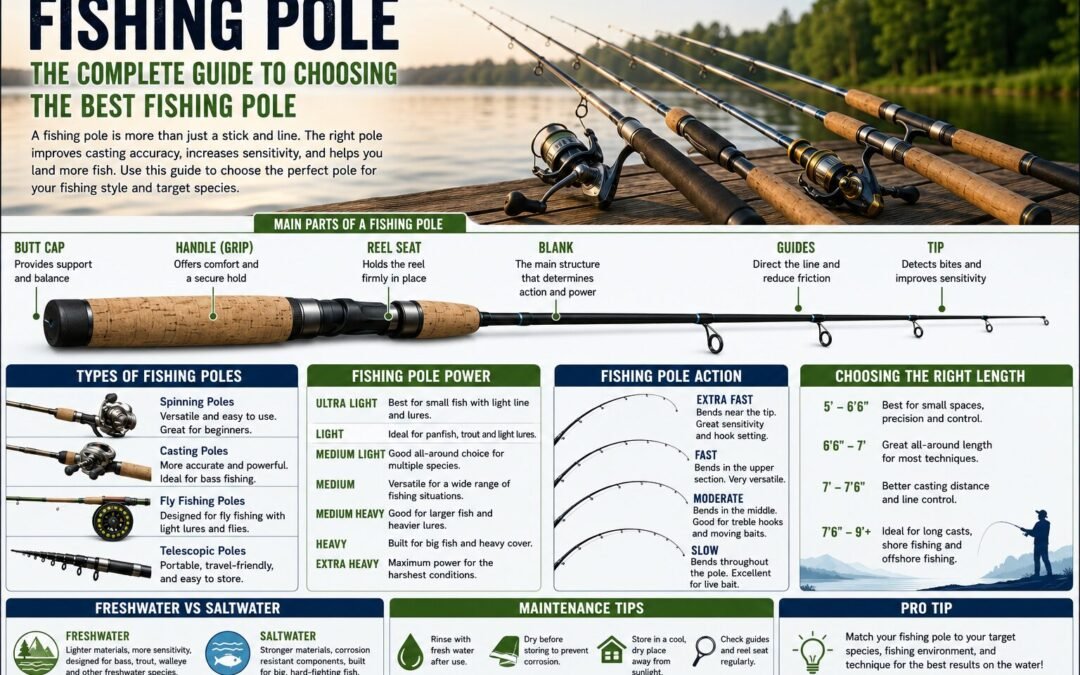 Fishing Pole complete guide infographic showing the parts of a fishing pole, fishing pole types, power, action, length guide, freshwater vs saltwater comparison, and maintenance tips.