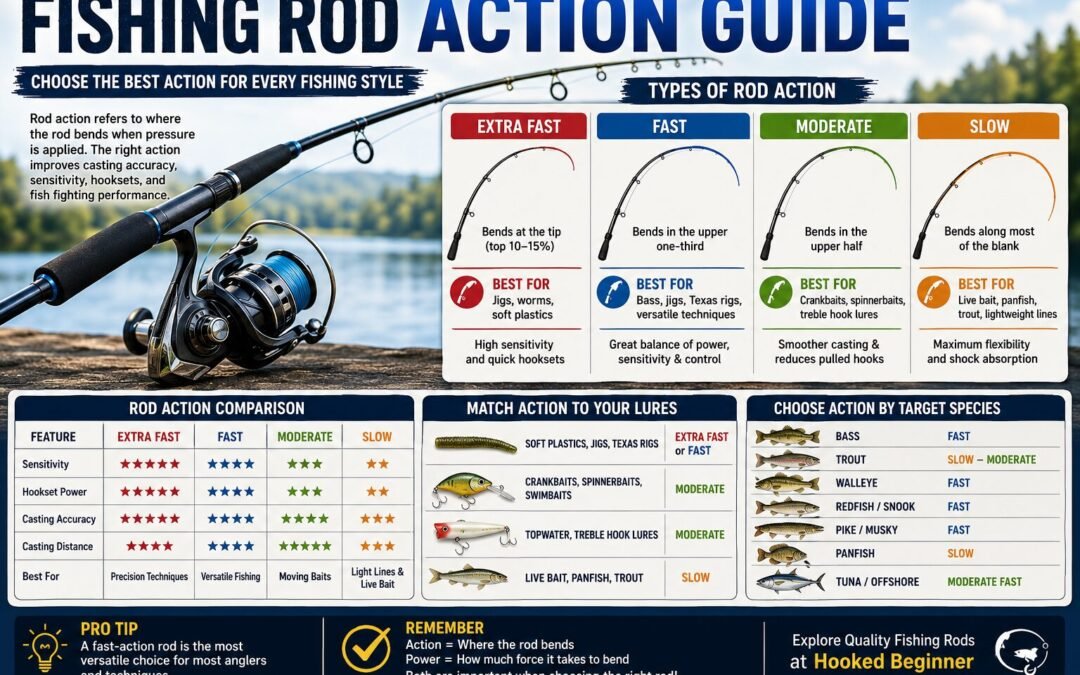 Fishing Rod Action Guide infographic comparing extra fast, fast, moderate, and slow rod actions with the best lure types, target species, casting performance, and fishing applications.