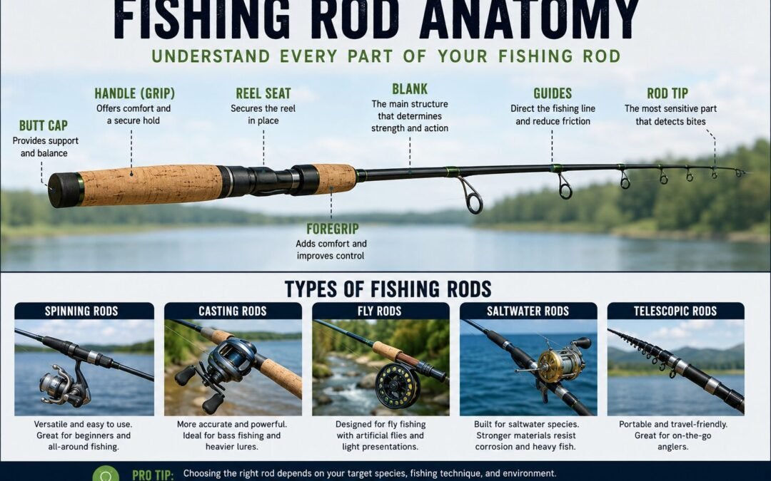Fishing Rod Anatomy Guide showing the handle, reel seat, blank, guides, rod tip, butt cap, foregrip, and the different types of fishing rods.