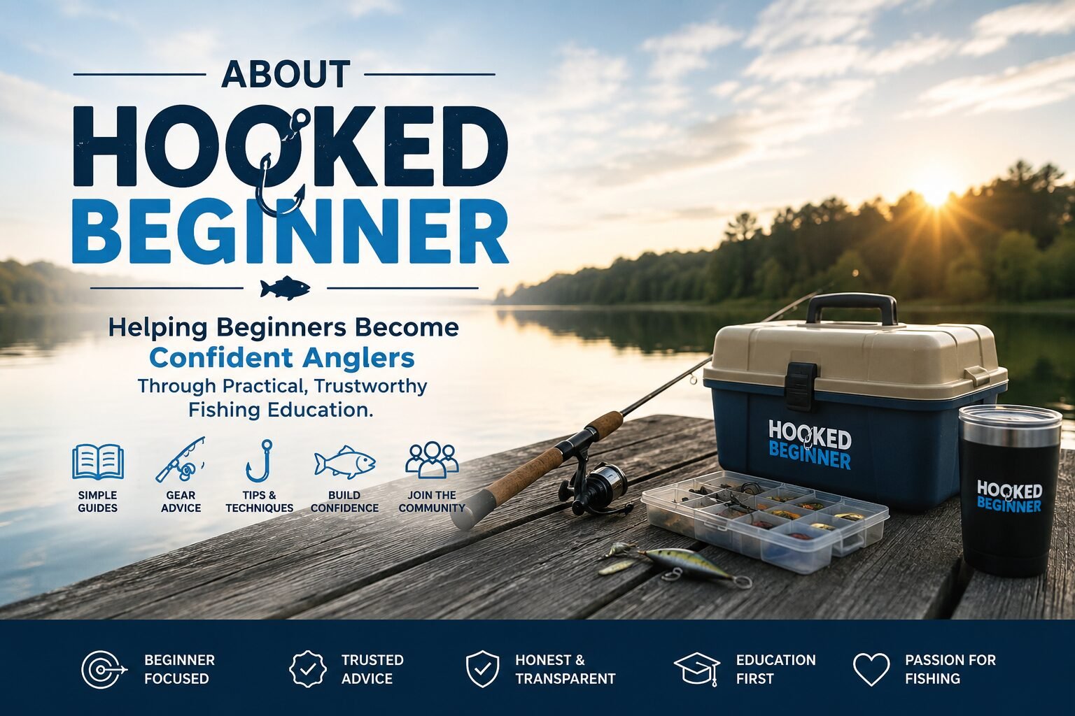 Hooked Beginner About Us hero banner showing beginner fishing gear by a peaceful lake, representing trusted fishing education, confidence, and practical guidance for new anglers.